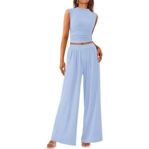 imagePRETTYGARDEN 2 Piece Outfits for Women Summer Matching Lounge Sets Ribbed Knit Crop Tank Tops Wide Leg Pants Travel ClothesLight Blue