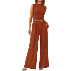 imagePRETTYGARDEN 2 Piece Outfits for Women Summer Matching Lounge Sets Ribbed Knit Crop Tank Tops Wide Leg Pants Travel ClothesOrange Red