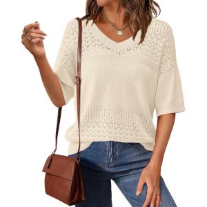 imagePRETTYGARDEN Womens Short Sleeve Sweater Tops 2025 Spring Summer Casual V Neck Ribbed Knit Trendy Eyelet Blouse T ShirtsApricot