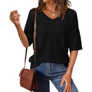 imagePRETTYGARDEN Womens Short Sleeve Sweater Tops 2025 Spring Summer Casual V Neck Ribbed Knit Trendy Eyelet Blouse T ShirtsBlack