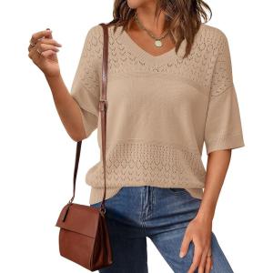 imagePRETTYGARDEN Womens Short Sleeve Sweater Tops 2025 Spring Summer Casual V Neck Ribbed Knit Trendy Eyelet Blouse T ShirtsDark Apricot