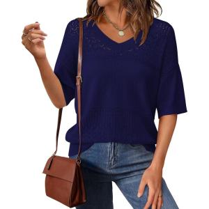 imagePRETTYGARDEN Womens Short Sleeve Sweater Tops 2025 Spring Summer Casual V Neck Ribbed Knit Trendy Eyelet Blouse T ShirtsDark Royal Blue