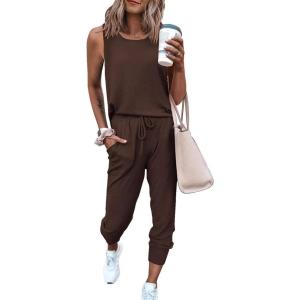 imagePRETTYGARDEN Womens Two Piece Outfit Sets Casual Summer Sleeveless Crewneck Tops and Sweatpants Active Tracksuit Lounge WearBrown