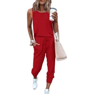 imagePRETTYGARDEN Womens Two Piece Outfit Sets Casual Summer Sleeveless Crewneck Tops and Sweatpants Active Tracksuit Lounge WearRed