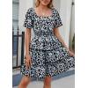 imagePRETTYGARDEN Womens 2025 Floral Summer Short Dress Square Neck Short Sleeve Tiered Ruffle Boho Swing DressesBlack Blue Floral