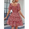 imagePRETTYGARDEN Womens 2025 Floral Summer Short Dress Square Neck Short Sleeve Tiered Ruffle Boho Swing DressesBlack Orange Floral