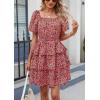 imagePRETTYGARDEN Womens 2025 Floral Summer Short Dress Square Neck Short Sleeve Tiered Ruffle Boho Swing DressesBlack Orange Floral