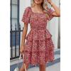 imagePRETTYGARDEN Womens 2025 Floral Summer Short Dress Square Neck Short Sleeve Tiered Ruffle Boho Swing DressesBlack Orange Floral