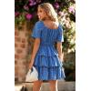 imagePRETTYGARDEN Womens 2025 Floral Summer Short Dress Square Neck Short Sleeve Tiered Ruffle Boho Swing DressesBlue