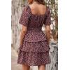 imagePRETTYGARDEN Womens 2025 Floral Summer Short Dress Square Neck Short Sleeve Tiered Ruffle Boho Swing DressesCoffee