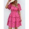 imagePRETTYGARDEN Womens 2025 Floral Summer Short Dress Square Neck Short Sleeve Tiered Ruffle Boho Swing DressesRed Floral