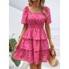 imagePRETTYGARDEN Womens 2025 Floral Summer Short Dress Square Neck Short Sleeve Tiered Ruffle Boho Swing DressesRed Floral