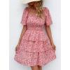 imagePRETTYGARDEN Womens 2025 Floral Summer Short Dress Square Neck Short Sleeve Tiered Ruffle Boho Swing DressesRed Pink Floral