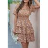 imagePRETTYGARDEN Womens 2025 Floral Summer Short Dress Square Neck Short Sleeve Tiered Ruffle Boho Swing DressesTurmeric