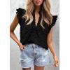 imagePRETTYGARDEN Womens Summer Tops 2025 Dressy Casual Ruffle Cap Sleeve Button V Neck Embroidered Eyelet Blouses ShirtsBlack