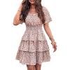 imagePRETTYGARDEN Womens 2025 Floral Summer Short Dress Square Neck Short Sleeve Tiered Ruffle Boho Swing DressesWhite
