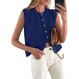 imagePRETTYGARDEN Sweater Vest Women 2025 Spring Summer Casual Lightweight Knit Sleeveless Button Down Tank Tops Trendy ClothesDark Blue