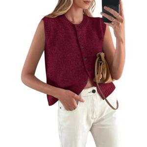 imagePRETTYGARDEN Sweater Vest Women 2025 Spring Summer Casual Lightweight Knit Sleeveless Button Down Tank Tops Trendy ClothesDark Wine Red
