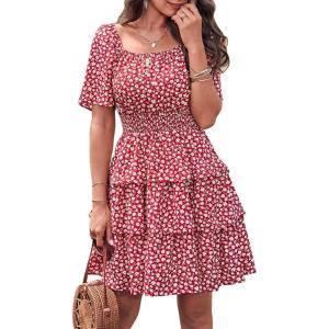 imagePRETTYGARDEN Womens 2025 Floral Summer Short Dress Square Neck Short Sleeve Tiered Ruffle Boho Swing DressesRed