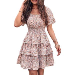 imagePRETTYGARDEN Womens 2025 Floral Summer Short Dress Square Neck Short Sleeve Tiered Ruffle Boho Swing DressesWhite