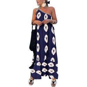 imagePRETTYGARDEN Womens Summer One Shoulder Maxi Dresses Printed Flowy Boho Beach Vacation Long SundressNavy Apricot Floral