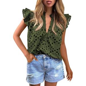 imagePRETTYGARDEN Womens Summer Tops 2025 Dressy Casual Ruffle Cap Sleeve Button V Neck Embroidered Eyelet Blouses ShirtsArmy Green
