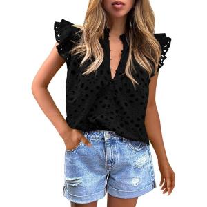 imagePRETTYGARDEN Womens Summer Tops 2025 Dressy Casual Ruffle Cap Sleeve Button V Neck Embroidered Eyelet Blouses ShirtsBlack