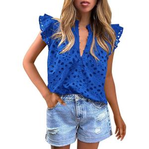 imagePRETTYGARDEN Womens Summer Tops 2025 Dressy Casual Ruffle Cap Sleeve Button V Neck Embroidered Eyelet Blouses ShirtsBlue