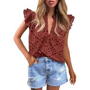 imagePRETTYGARDEN Womens Summer Tops 2025 Dressy Casual Ruffle Cap Sleeve Button V Neck Embroidered Eyelet Blouses ShirtsBrown Red