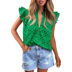 imagePRETTYGARDEN Womens Summer Tops 2025 Dressy Casual Ruffle Cap Sleeve Button V Neck Embroidered Eyelet Blouses ShirtsGreen
