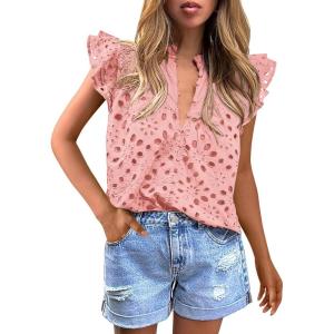 imagePRETTYGARDEN Womens Summer Tops 2025 Dressy Casual Ruffle Cap Sleeve Button V Neck Embroidered Eyelet Blouses ShirtsPink