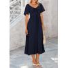 imagePRETTYGARDEN Summer Dress for Women 2025 Casual Short Sleeve Bow Tie V Neck Ruffle Midi Flowy DressesDark Blue