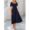 imagePRETTYGARDEN Summer Dress for Women 2025 Casual Short Sleeve Bow Tie V Neck Ruffle Midi Flowy DressesDark Blue