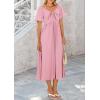 imagePRETTYGARDEN Summer Dress for Women 2025 Casual Short Sleeve Bow Tie V Neck Ruffle Midi Flowy DressesLight Pink