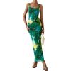 imagePRETTYGARDEN Womens Floral Maxi Dress 2025 Summer Spaghetti Strap Ruched Mesh Bodycon Wedding Guest Beach Party Long DressesFloral Green