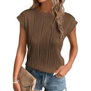 imagePRETTYGARDEN Blouses for Women Dressy Casual 2025 Spring Summer Business Office Tops Cap Sleeve Textured Cute Work ShirtCoffee