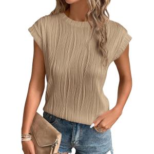 imagePRETTYGARDEN Blouses for Women Dressy Casual 2025 Spring Summer Business Office Tops Cap Sleeve Textured Cute Work ShirtKhaki