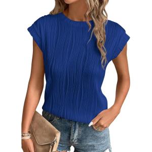 imagePRETTYGARDEN Blouses for Women Dressy Casual 2025 Spring Summer Business Office Tops Cap Sleeve Textured Cute Work ShirtRoyal Blue