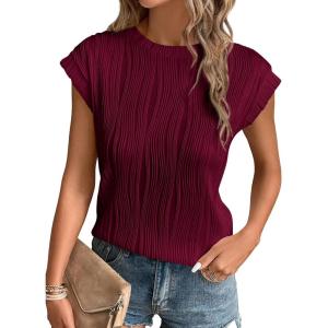 imagePRETTYGARDEN Blouses for Women Dressy Casual 2025 Spring Summer Business Office Tops Cap Sleeve Textured Cute Work ShirtWine Red
