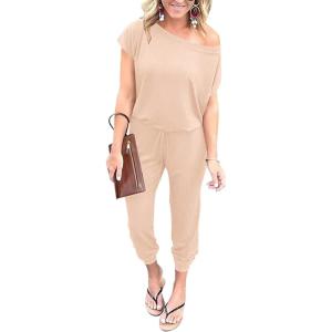 imagePRETTYGARDEN Jumpsuits for Women 2025 Summer Dressy Off Shoulder Romper Spring Vacation Travel Lounge Outfits ClothesBeige
