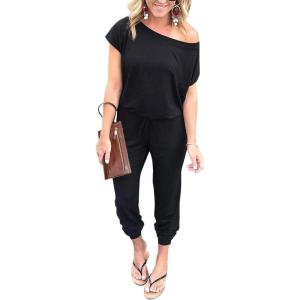 imagePRETTYGARDEN Jumpsuits for Women 2025 Summer Dressy Off Shoulder Romper Spring Vacation Travel Lounge Outfits ClothesBlack