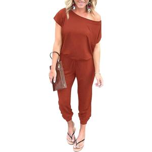 imagePRETTYGARDEN Jumpsuits for Women 2025 Summer Dressy Off Shoulder Romper Spring Vacation Travel Lounge Outfits ClothesBrick Red
