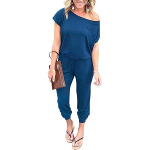 imagePRETTYGARDEN Jumpsuits for Women 2025 Summer Dressy Off Shoulder Romper Spring Vacation Travel Lounge Outfits ClothesDark Blue