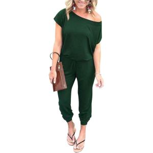 imagePRETTYGARDEN Jumpsuits for Women 2025 Summer Dressy Off Shoulder Romper Spring Vacation Travel Lounge Outfits ClothesDark Green