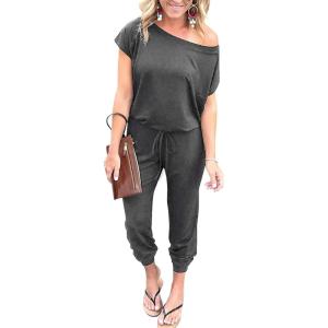 imagePRETTYGARDEN Jumpsuits for Women 2025 Summer Dressy Off Shoulder Romper Spring Vacation Travel Lounge Outfits ClothesDark Grey