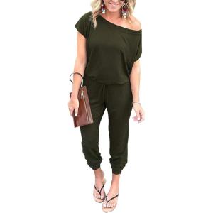 imagePRETTYGARDEN Jumpsuits for Women 2025 Summer Dressy Off Shoulder Romper Spring Vacation Travel Lounge Outfits ClothesGreen