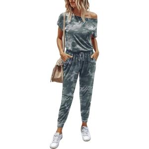 imagePRETTYGARDEN Jumpsuits for Women 2025 Summer Dressy Off Shoulder Romper Spring Vacation Travel Lounge Outfits ClothesGreen Camo