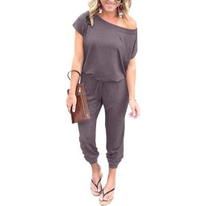 imagePRETTYGARDEN Jumpsuits for Women 2025 Summer Dressy Off Shoulder Romper Spring Vacation Travel Lounge Outfits ClothesGrey
