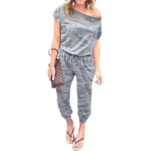 imagePRETTYGARDEN Jumpsuits for Women 2025 Summer Dressy Off Shoulder Romper Spring Vacation Travel Lounge Outfits ClothesGrey Camouflage