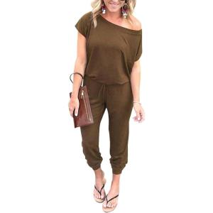 imagePRETTYGARDEN Jumpsuits for Women 2025 Summer Dressy Off Shoulder Romper Spring Vacation Travel Lounge Outfits ClothesKhaki